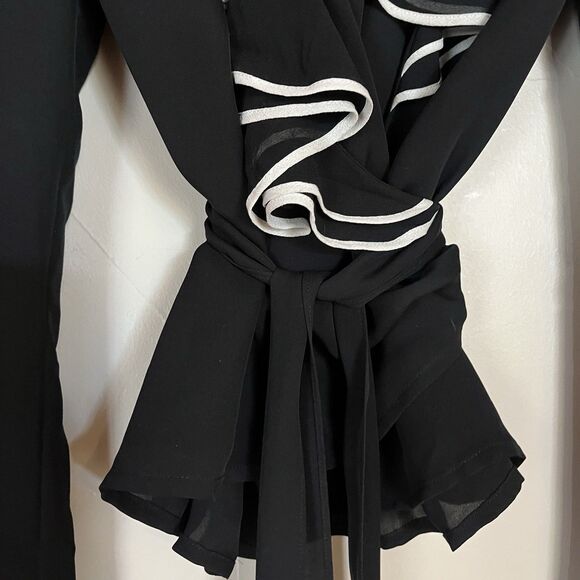 Dana Buchman Black Tuxedo Ruffle Wrap Long Sleeve‎ 100% Silk Blouse SZ 6 Medium - Picture 8 of 16